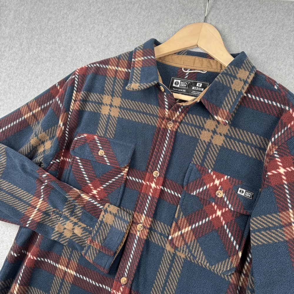 Salty Crew Mens Shirt Medium Navy Plaid Long Sleeve Swellter Polar Fleece NEW
